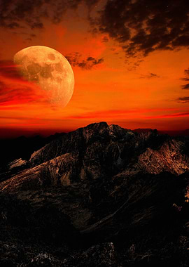 Orange Sky, Moon, and Mountain Landscape