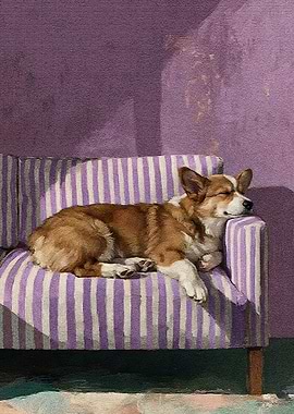 Sleeping Corgi on Striped Couch