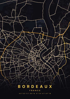 Bordeaux France Black and Gold Map