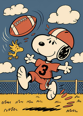 Snoopy playing football with Woodstock