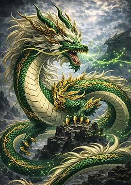 Majestic Green and Gold Dragon Artwork