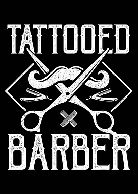 Tattooed Barber Poster, Vintage Barber Shop Wall Art, Edgy Scissors and Razor Print