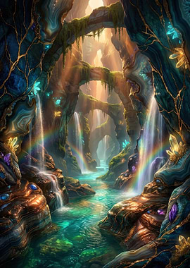 Enchanted Crystal Cave with Waterfalls