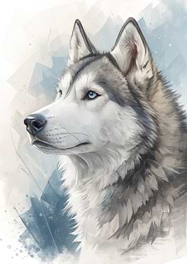 Husky Portrait Watercolor Style