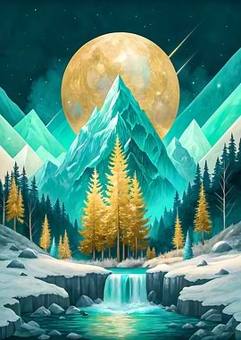 Moon Over Winter Snow: Mountains, Forest, and a Celestial Waterfall