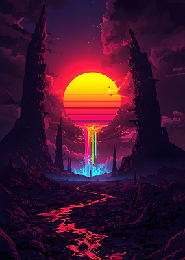 Synthwave Landscape with Rainbow Waterfall