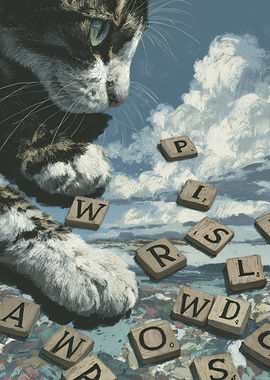 Cat playing with Scrabble tiles in the clouds