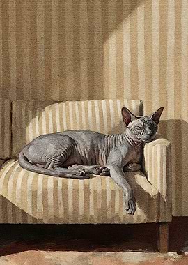 Sleeping Sphynx Cat on Striped Couch