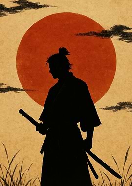 Samurai Silhouette Against Red Sun
