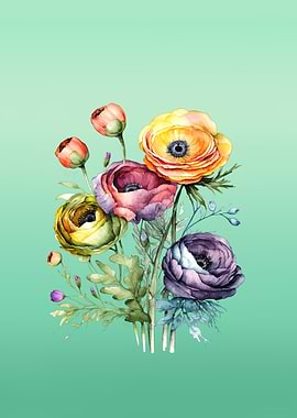 Watercolor Floral Bouquet on Teal Background