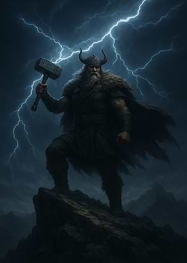 Thor with Mjolnir in Stormy Weather