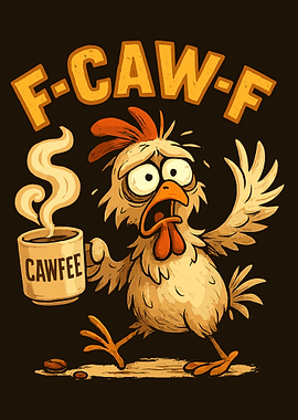 F-CAW-F Chicken Coffee Poster, Funny Cartoon Coffee Art, Tired Morning Mug Wall Print