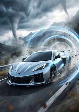 Silver Chevrolet Corvette Z06 (C8) in Stormy Landscape