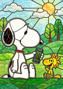 Snoopy and Woodstock Stained Glass Art
