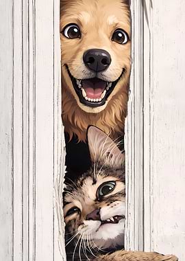 Dog and Cat Peeking Through Door