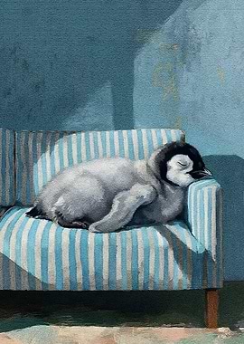 Sleeping Penguin Chick on Striped Couch