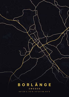 Borlange Sweden Black and Gold Map