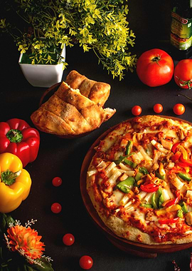 Delicious Pizza and Bread Still Life