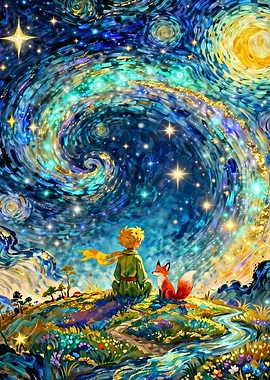 The Little Prince and the Fox in a Starry Sky