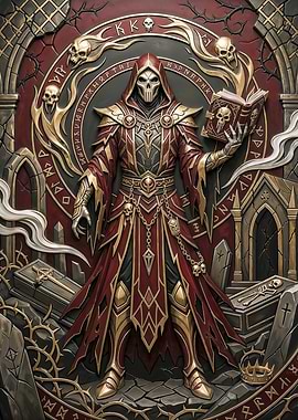 Crimson Lich Necromancer with Spellbook – Gothic Dark Fantasy Wall Art Print