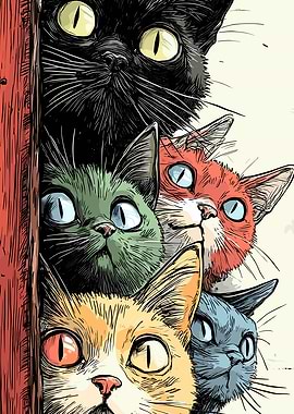 Group of Curious Cats Peeking