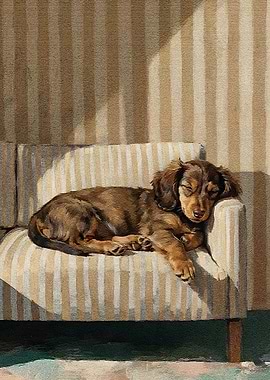 Sleeping Dachshund on Striped Couch