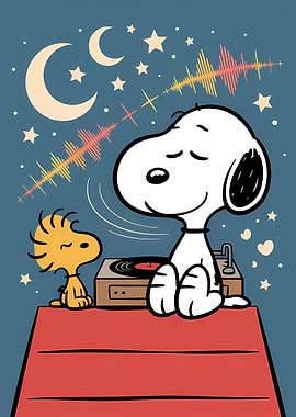Snoopy and Woodstock Listening to Music