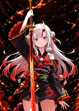 Anime Girl with Katana in Fiery Setting