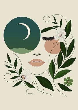 Abstract Face with Moon and Flowers