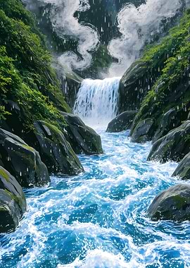 Waterfall and River in Lush Landscape