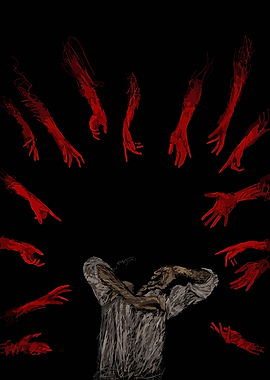 Person surrounded by red hands