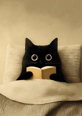 Black cat reading a book in bed