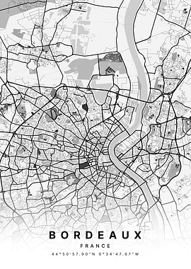 Bordeaux France White and Black Map