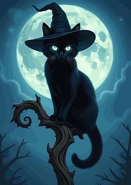 Black Cat in Witch Hat Under Moon