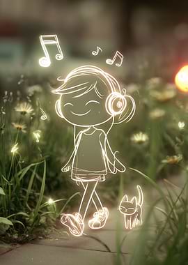 Girl listening to music with cat