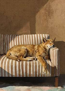 Sleeping Dog on Striped Couch