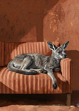 Kangaroo Napping on Striped Couch