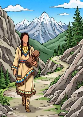 Native American Woman Walking In Mountain Landscape