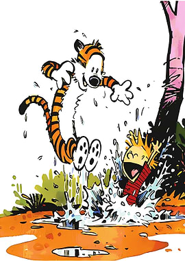 Calvin and Hobbes splashing in water