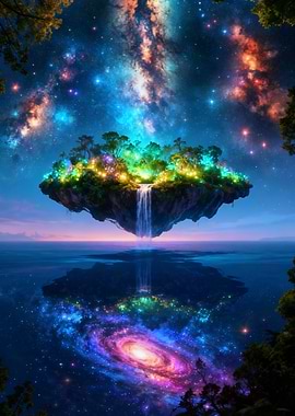 Floating Island with Waterfall and Galaxy