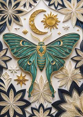 Celestial Moth Moon Art – Teal Gold Art Nouveau Mystical Wall Decor