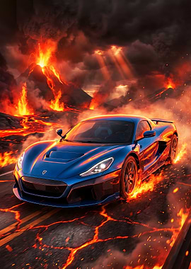 Blue Rimac Nevera driving through lava
