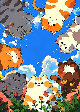 Cute Cats in a Floral Meadow