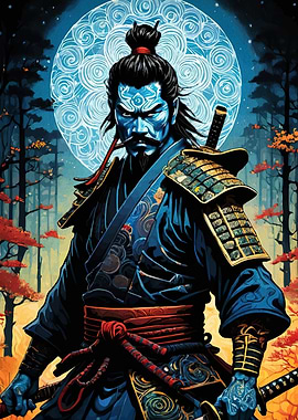 Blue Samurai Warrior in Forest