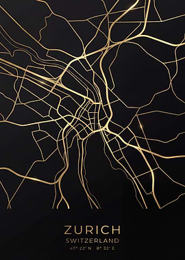 Golden Zurich Switzerland Map Art