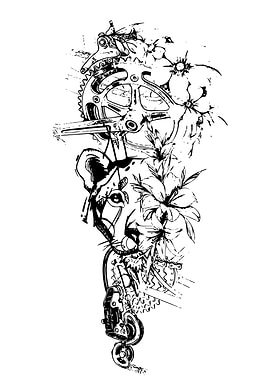 Lion, Bicycle Parts, and Floral Art