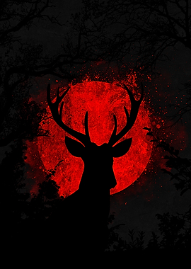 Silhouette of a Deer with Red Moon