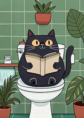 Cat reading a book on a toilet