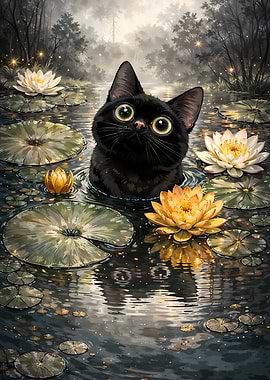 Black Cat in a Lily Pond