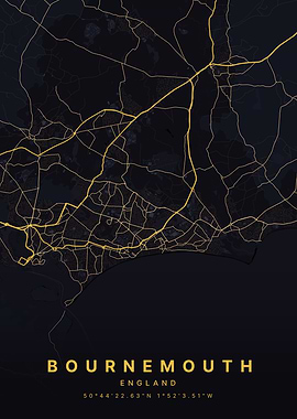 Bournemouth England Black and Gold Map